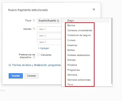 tipos de fragmentos estructurados de Google Ads